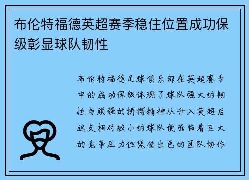 布伦特福德英超赛季稳住位置成功保级彰显球队韧性