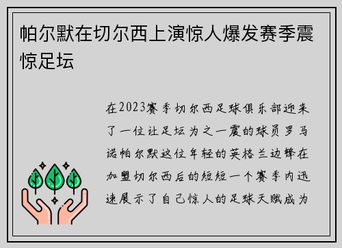 帕尔默在切尔西上演惊人爆发赛季震惊足坛