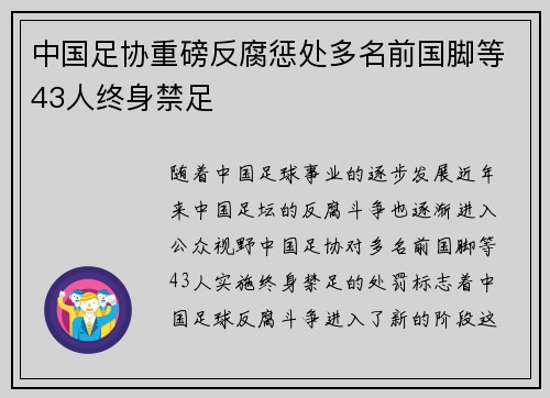 中国足协重磅反腐惩处多名前国脚等43人终身禁足
